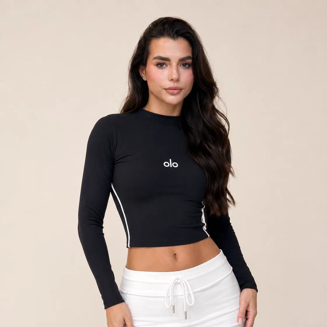 Side-Piped Long-Sleeve Crop Top