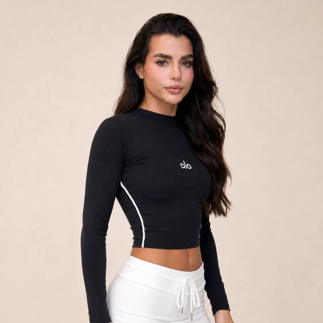 Side-Piped Long-Sleeve Crop Top