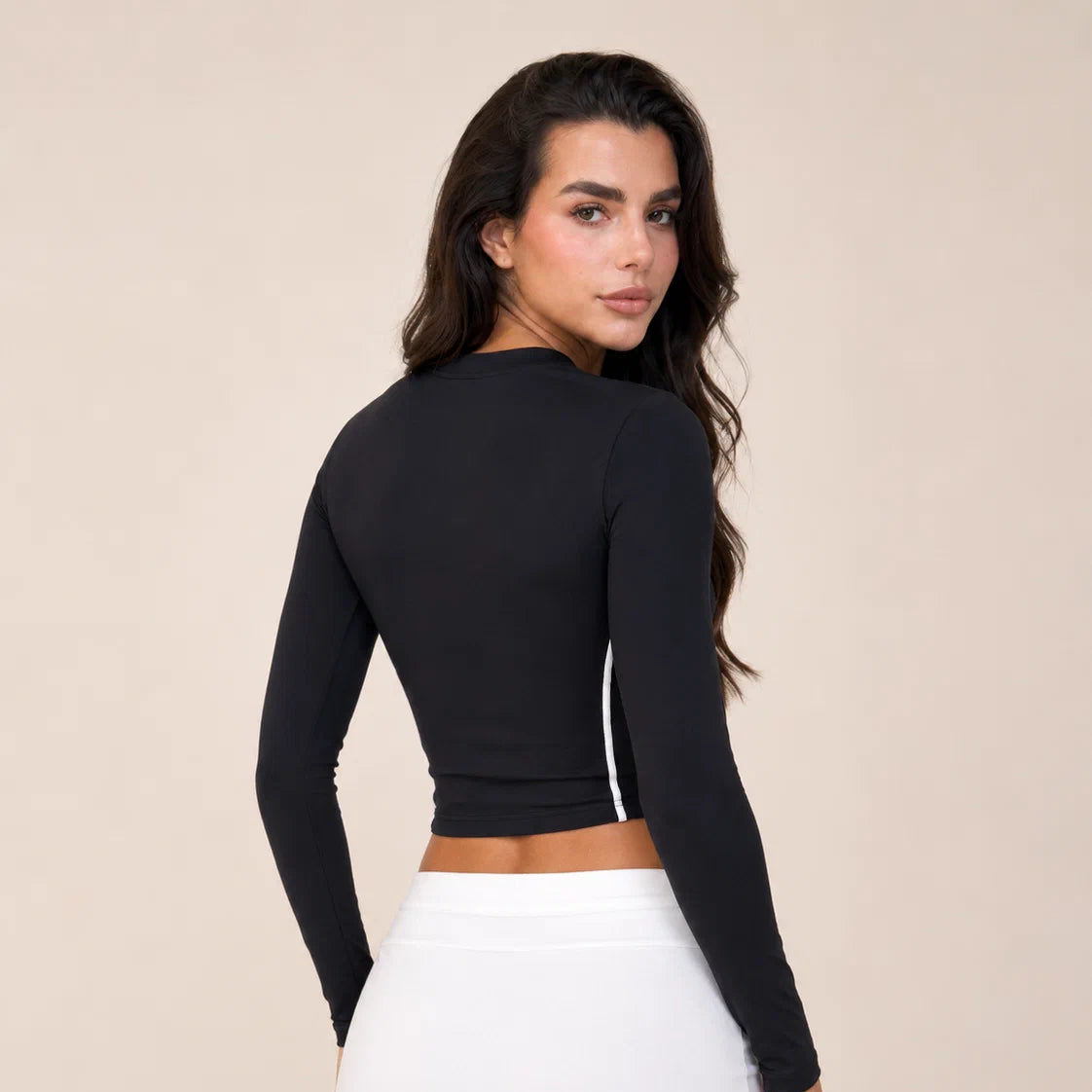 Side-Piped Long-Sleeve Crop Top